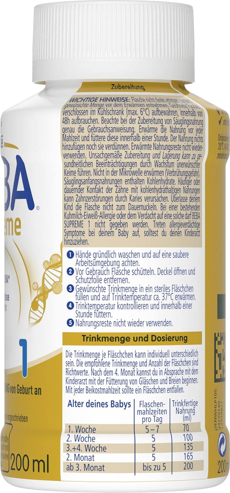BEBA Nestlé BEBA SUPREME 1 csecsemőtápszer: fogyasztásra kész palackok Omega 3-mal, 1 csomag (1 x 200 ml)