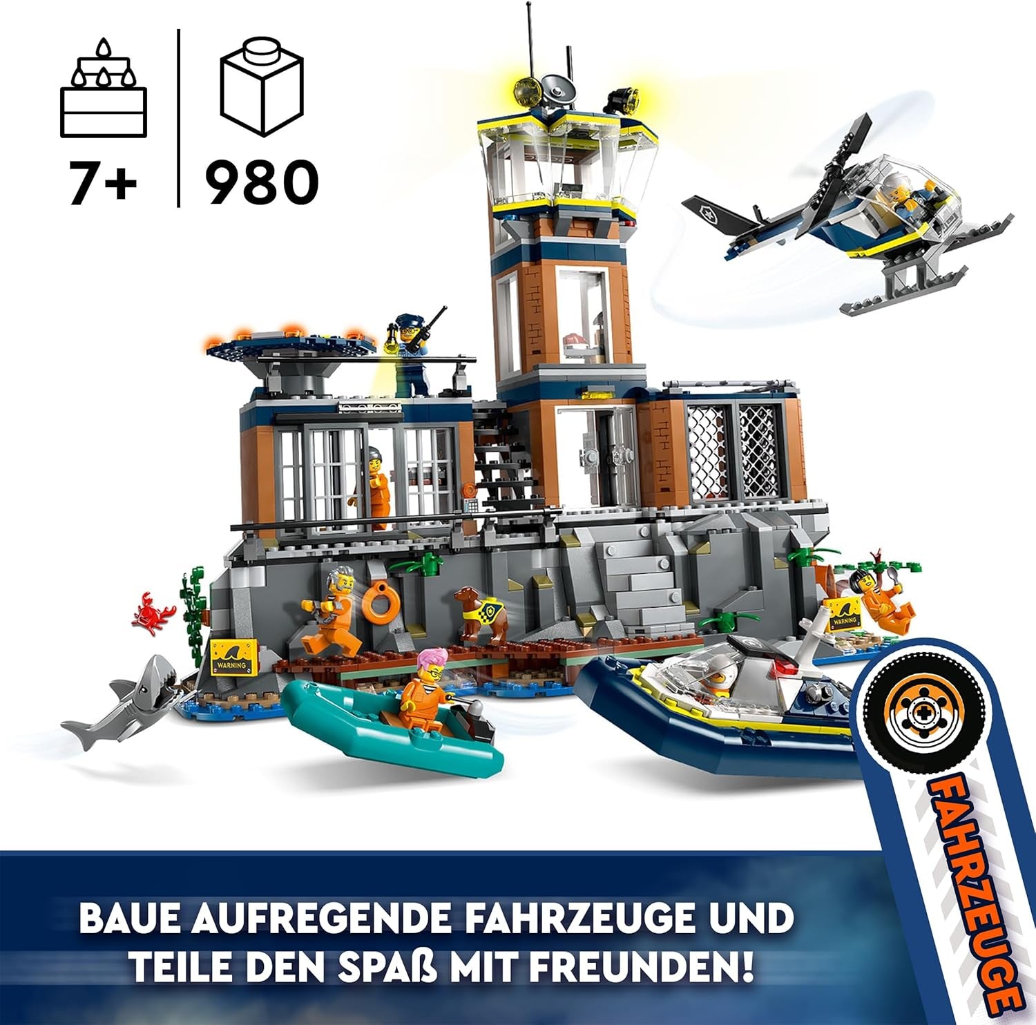 Stație de poliție LEGO City pe insula închisorii, jucărie de poliție cu elicopter, barcă și rechin, set cu 7 minifigurine și câine, cadou aniversar pentru băieți și fete de la 7 ani 60419 Seturi de constructie Besuche den LEGO-Store