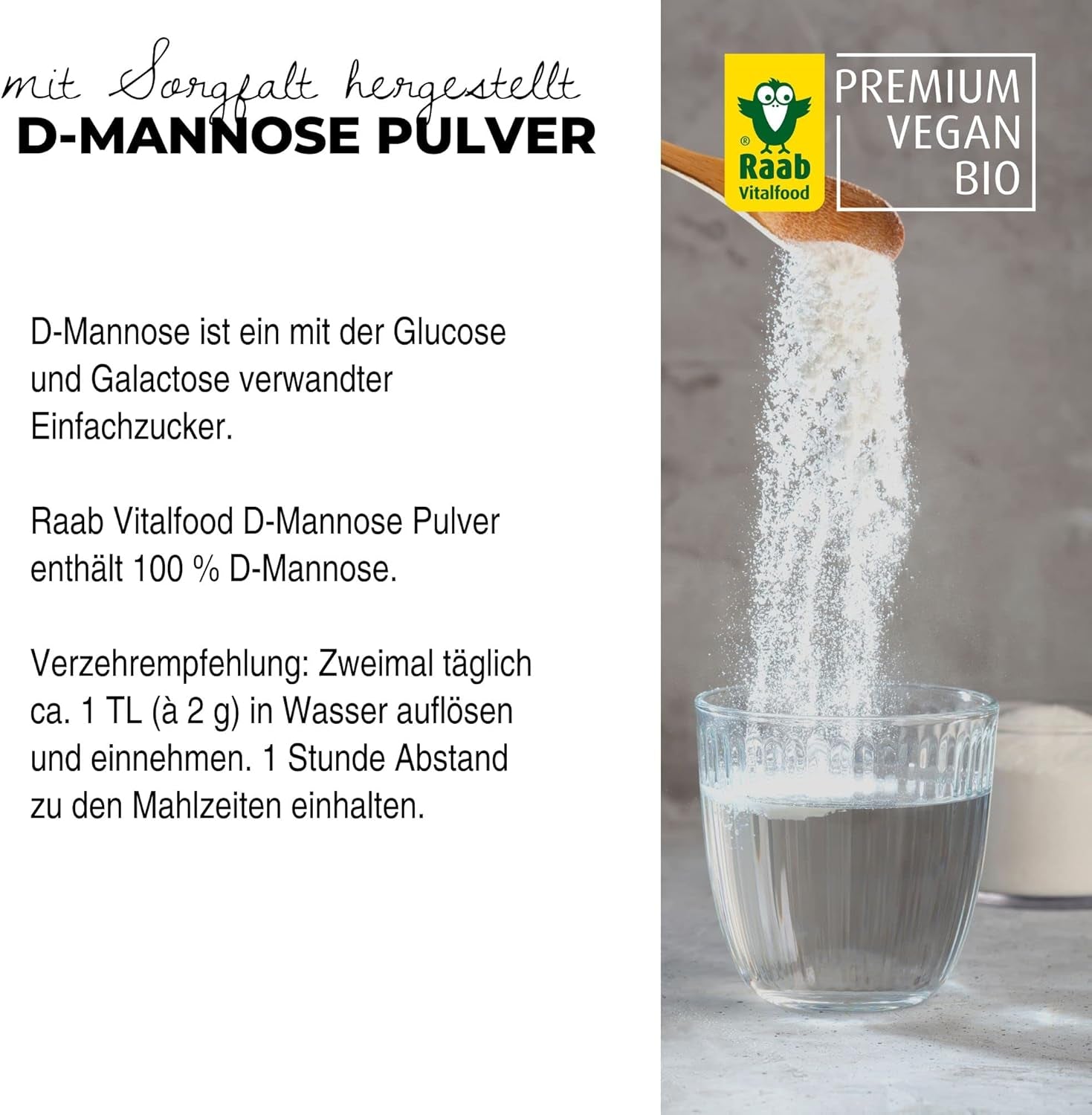 Raab Vitalfood® D-Mannose Pulver (220 G) - Frei Von Zusätzen, Vegan, Glutenfrei, Gut Löslich, Mit Meßlöffel in Der Dose, Vorratspackung, 100% D-Mannose (Gewonnen Aus Mais) Indulcitori Naty Shop