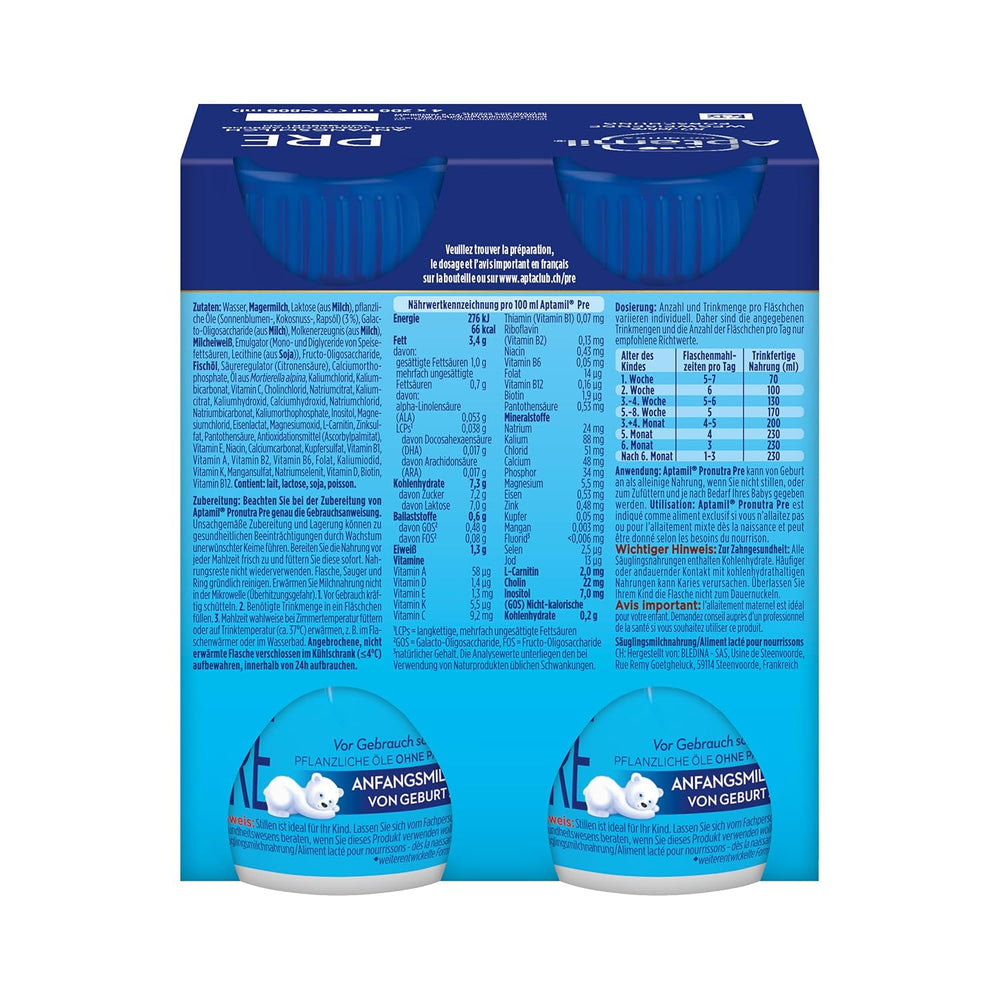 Aptamil Pronutra Pre - Csecsemőtápszer születéstől - Növényi olajokkal, pálmaolaj nélkül - 6 x 4 x 200 ml (4800 ml)