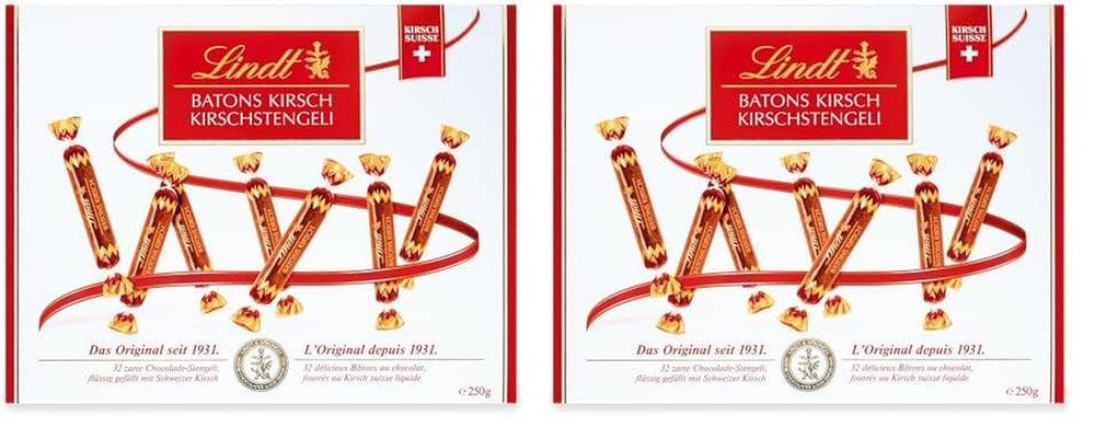Lindt csokoládészeletek cseresznyeszárral | 250 g 32 Swiss Cherry folyadékkal töltött tejcsokoládé szeletek | Ajándék csokoládé alkohollal | Csokoládé ajándék