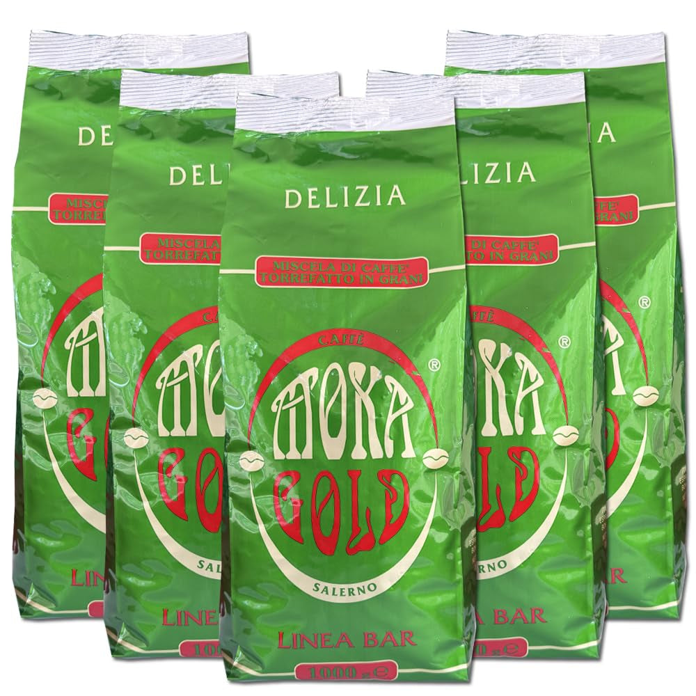 Moka Gold Line Cup of Gold – 5 pliculețe a câte 1 kg fiecare – Boabe de cafea cu gust rafinat – Amestec arab – Ideal pentru baruri și restaurante – Ambalat cu arome – Campania – Prăjire artizanală