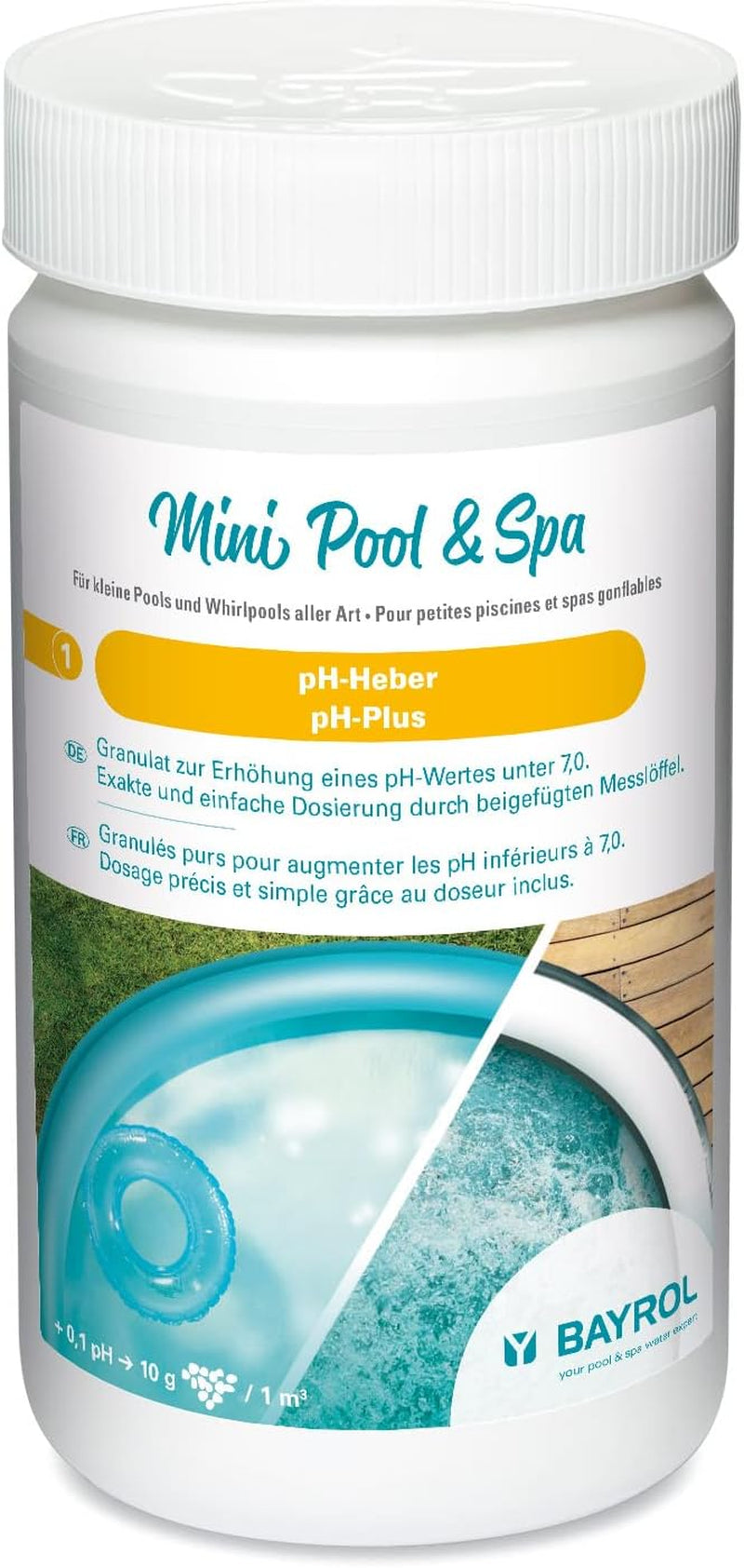 BAYROL Mini Pool & Spa pH növelő granulátum 1 kg - pH Plus kis medencékhez, pezsgőfürdőkhöz és föld feletti medencékhez. Egy mérőkanalat tartalmaz, fehér.