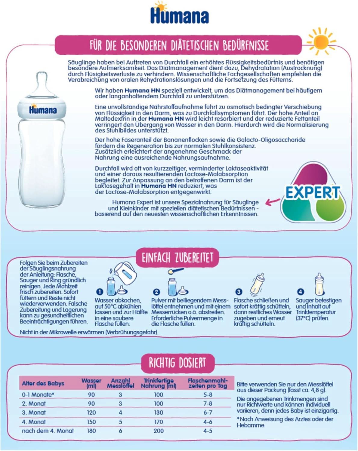 Humana HN Expert, születéstől fogva, speciális táp gyakori vagy tartós hasmenés esetén, támogatja a székletmintázat normalizálását, banánnal, 300 g Naty Shop