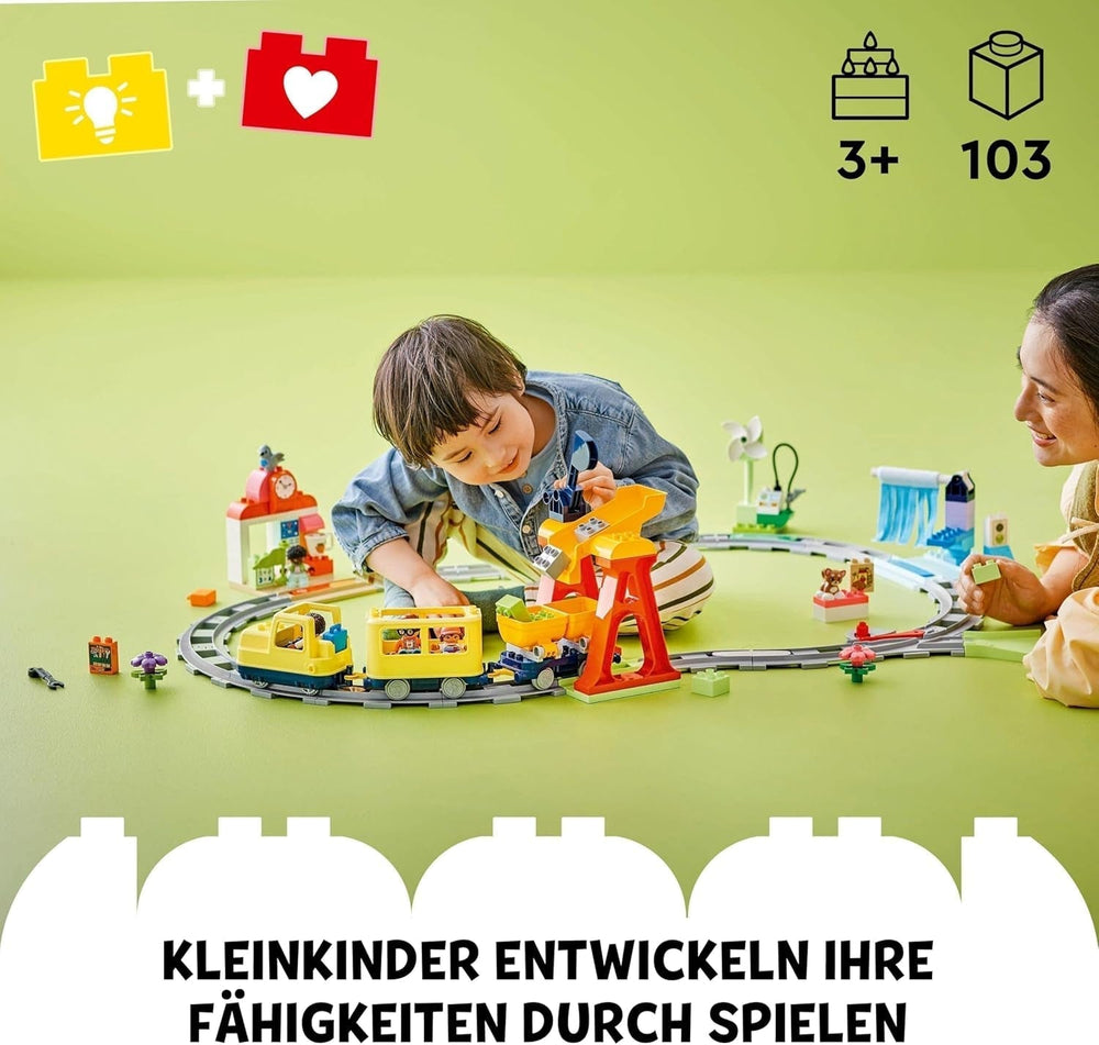 LEGO DUPLO Town nagy, interaktív vasút, építőjáték 3 éves gyerekeknek, Push & Go mozdony fényekkel és hangokkal, pályaalkatrészek, oktatójáték óvodásoknak 10428 építőkészlet Beuche den LEGO-Store