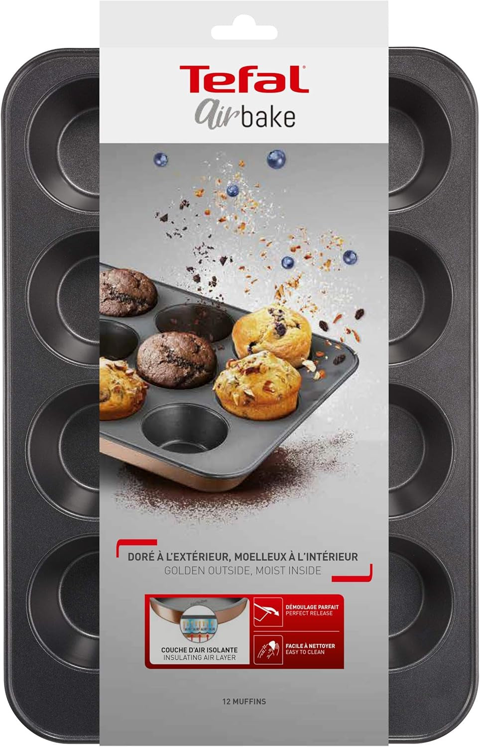 Tefal Airbake J2555014 Muffinform, Antihaftbeschichtung, Karbonstahl, Braun, 29 X 41 cm Sütőformák és tálcák Naty Shop