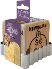 ScrapCooking – Gebäckstempel aus Holz mit Halloween-Mustern – mit 1 Keksausstecher und Würfelausstecher mit 5 erhabenen eingravierten Gesichtern – 5298
