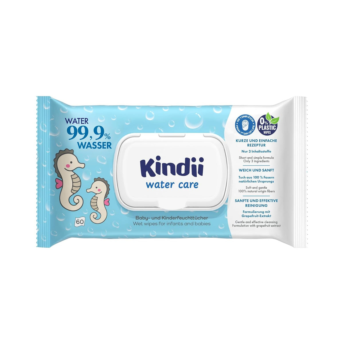 Kindii Water Care nedves törlőkendők - Aqua Baby törlőkendők - 100% viszkóz, 99,9% víz, grapefruit kivonat, sálméret 150x200, 100% biológiailag lebomló, műanyagmentes, tisztító törlőkendők érzékeny bőrre