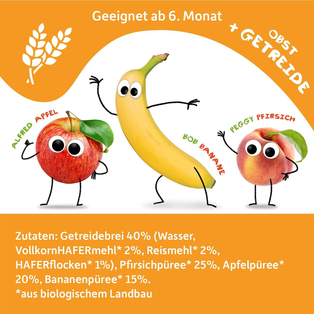 FRECHE FREUNDE Piure de fructe organic cu piersici, măr, banană și ovăz, cu cereale, într-o pungă compresibilă, pentru bebeluși de la 6 luni, vegan, pachet de 6 (6 x 100g)