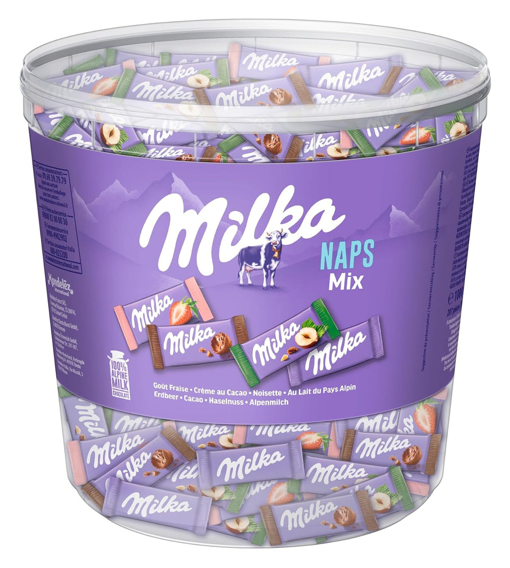 Milka Naps Mix – Mini csokoládé négyzetek 4 féle készletben: alpesi tej, eper, mogyoró, kakaós krém – 1 x 1kg
