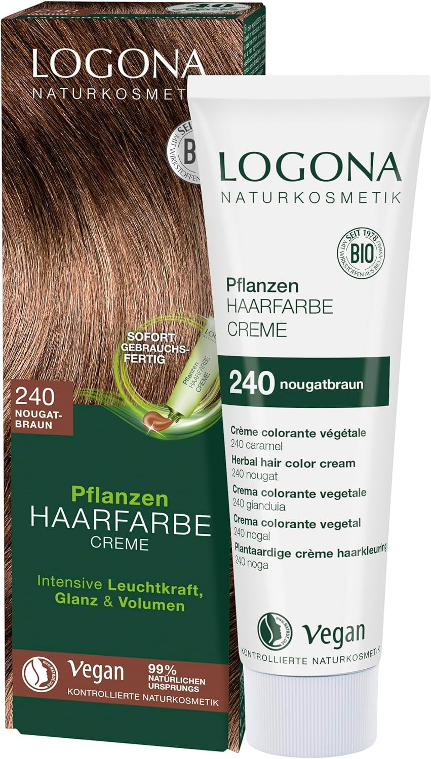 LOGONA Natural Cosmetics Plant Hair Colour Cream 240 Nougat Brown, Colorant natural pentru păr castaniu cu henna, cremă colorantă pentru tonuri de maro, colorare pentru păr închis la culoare, 150ml Vopsea pentru par Naty Shop 240 Nougat maro
