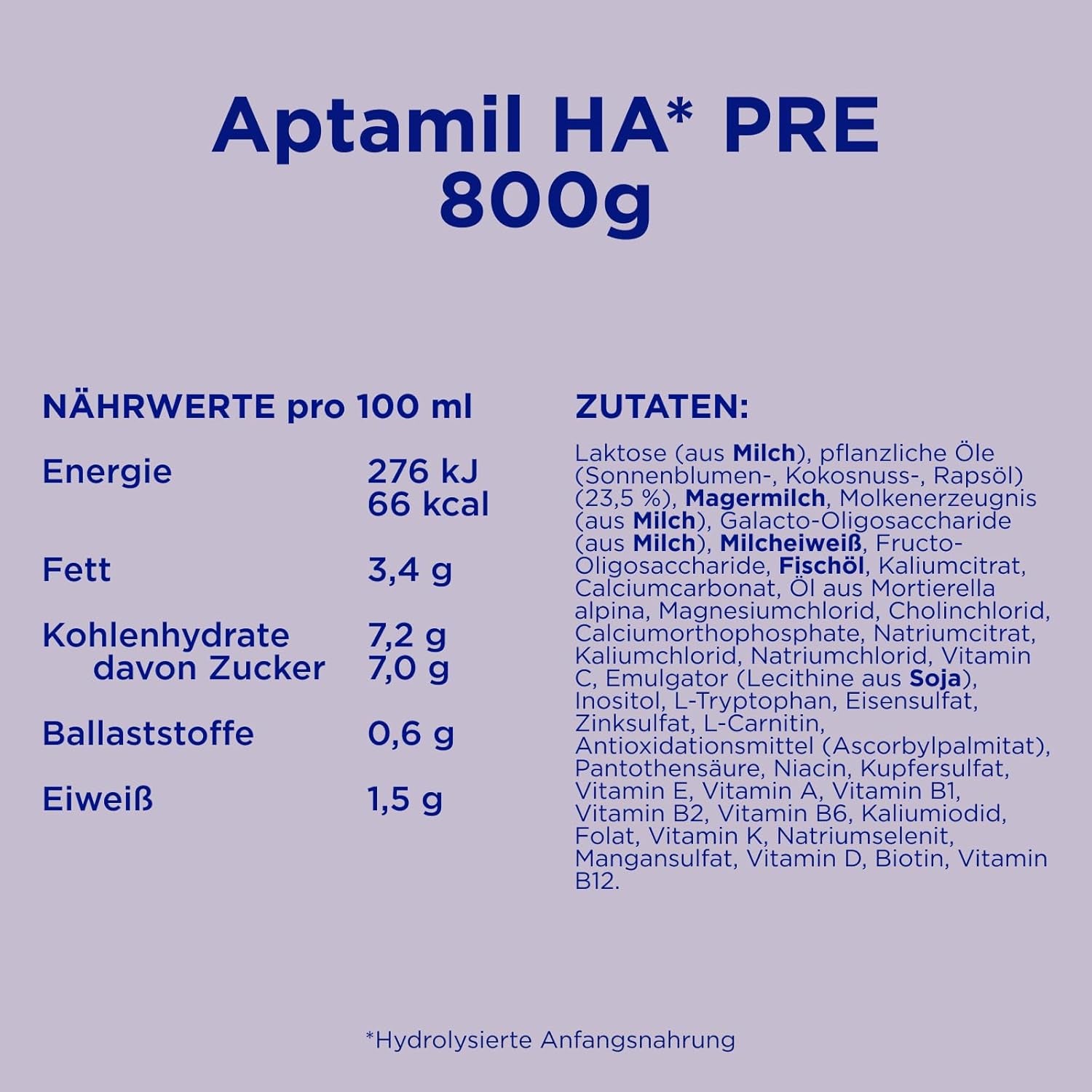 Aptamil HA PRE – Anfangsmilch von Geburt an, Mit DHA, Nur laktóz, Ohne Palmöl, Babynahrung, Milchpulver, 1x800 g