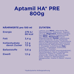 Aptamil HA PRE – Anfangsmilch von Geburt an, Mit DHA, Nur laktóz, Ohne Palmöl, Babynahrung, Milchpulver, 1x800 g