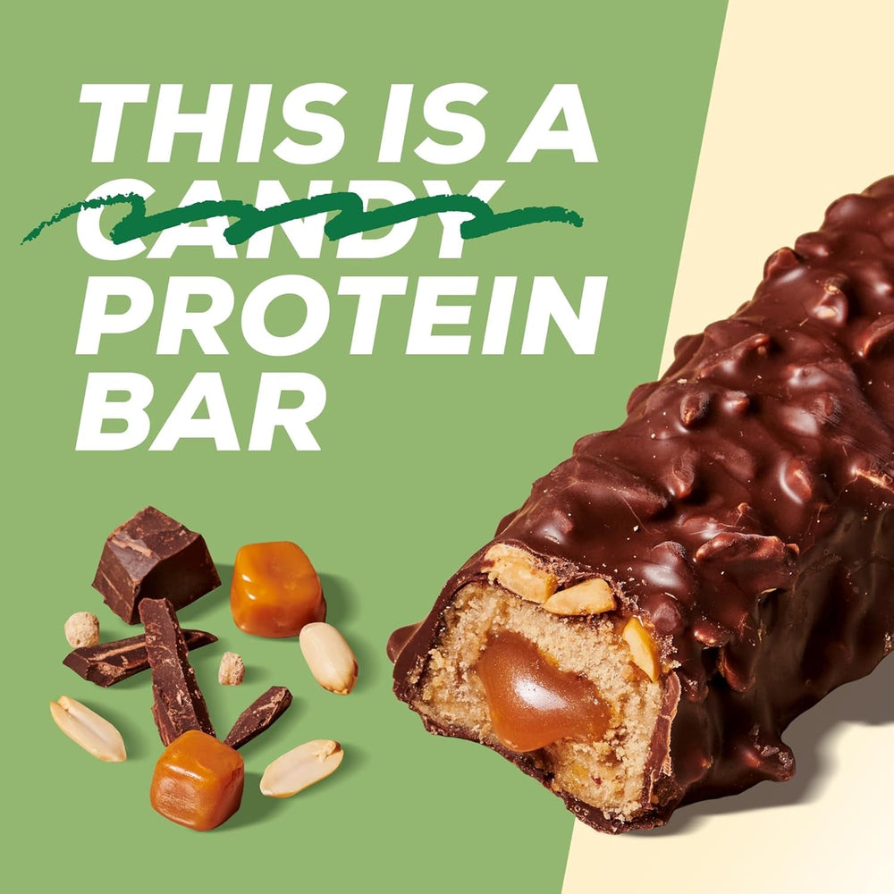 MaxiNutrition Baton proteic vegan cremos cu ciocolată, arahide și caramel 12x45g - baton proteic vegan, 18% proteine, 8,3g per baton, conținut scăzut de zahăr (0,9g), fără zahăr adăugat, fără arome artificiale
