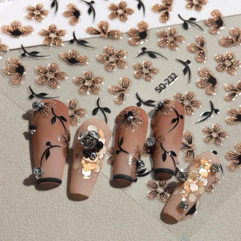 JMEOWIO 6 Blatt 3D Nagelsticker Blumen Nail Art Sticker Selbstklebend Nagelaufkleber 5D Stereoskopisch Frühling Sommer Blumen Dekoration Nageldesign Zubehör