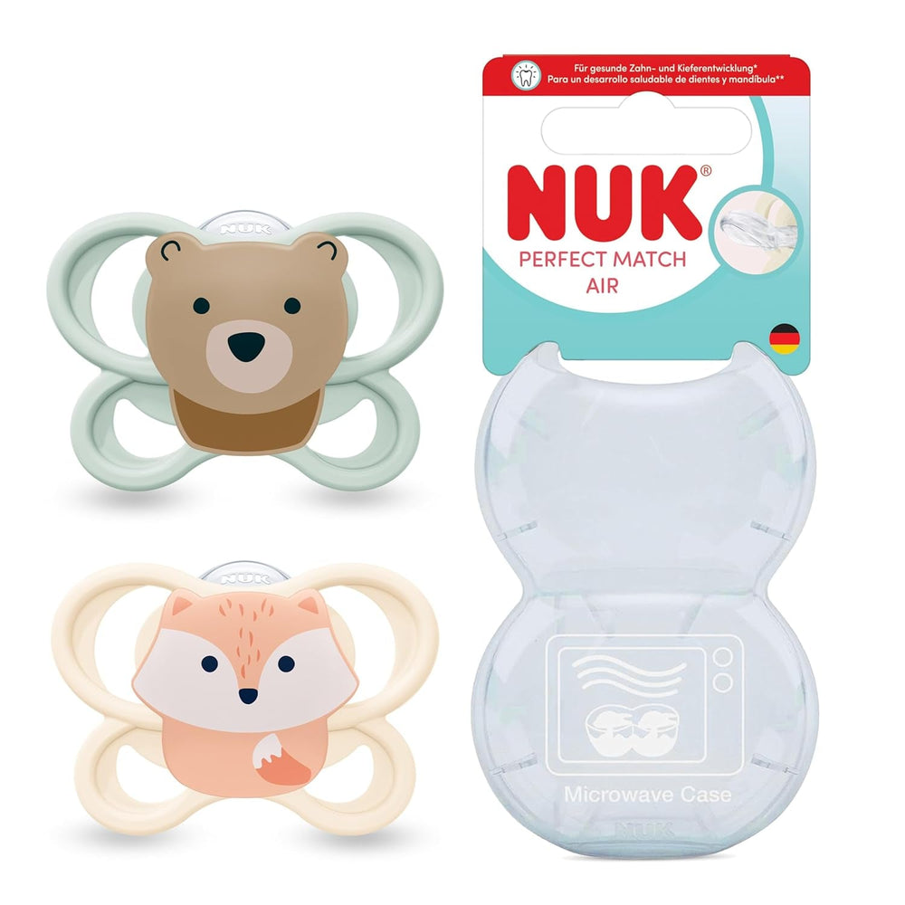 Suzete NUK Perfect Match Air pentru bebeluși | 0-6 luni | Suzete ortodontice care promovează circulația aerului și previn erupțiile salivare | Acceptare 95% de către bebeluși** | Vulpe/Ursuleț | Pachet de 2
