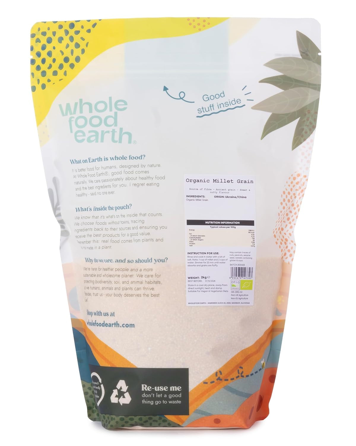 Köles bio Wholefood Earth 2 kg | Nem GMO | Vegán | Rostban gazdag | Tanúsított bio