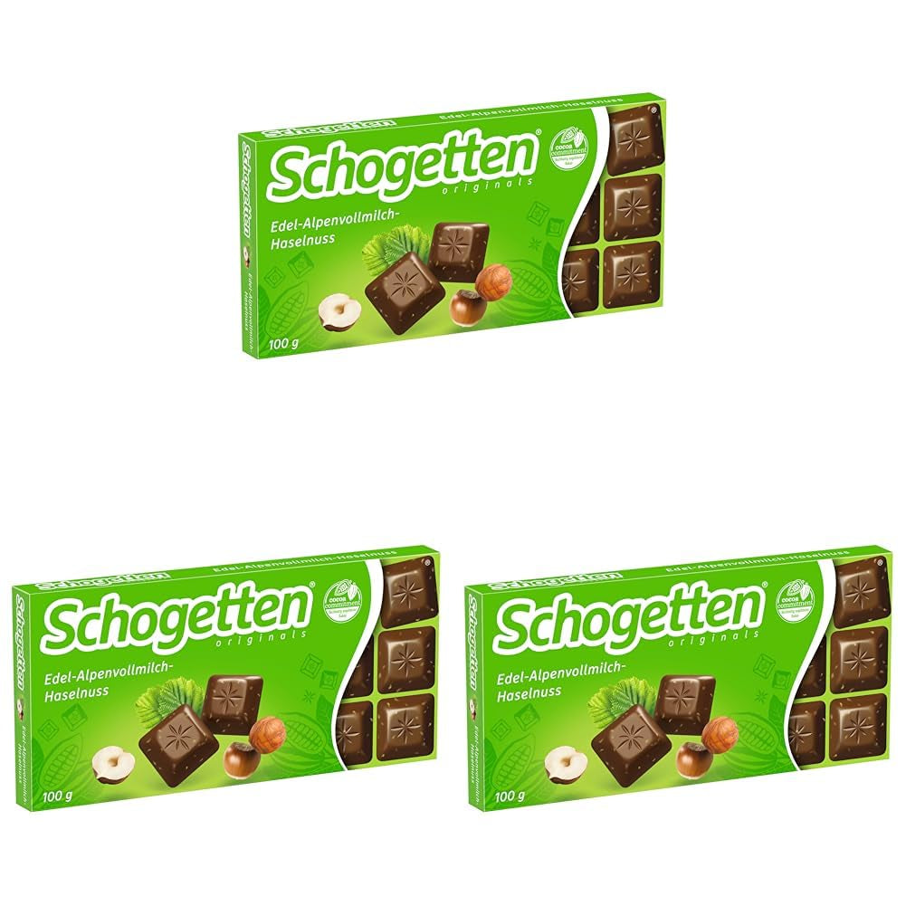 Schogetten Premium alpesi tejcsokoládé mogyoróval, 100 g-os csokoládé, egyenként adagolva. Öröm. Darabról darabra.