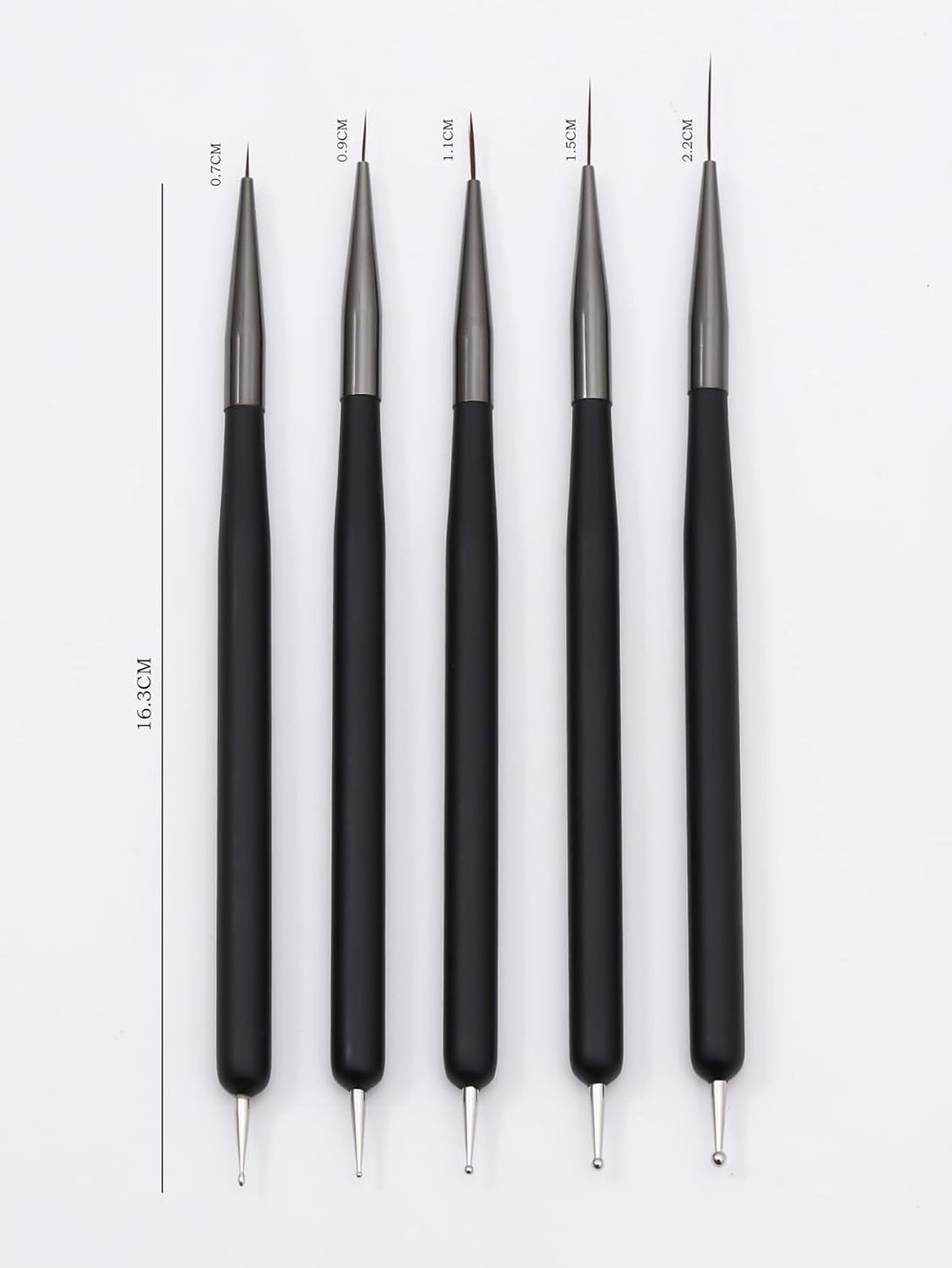 Nagelkunst-Pinsel, 5 Stück, Nailart-Pinsel, Punktierstift-Werkzeuge, Malkunst-Design-Pinsel-Set Für Lange Linien, Dünne Details, Feine Zeichnungsgrößen 7/9/11/15/22 Mm, Schwarz