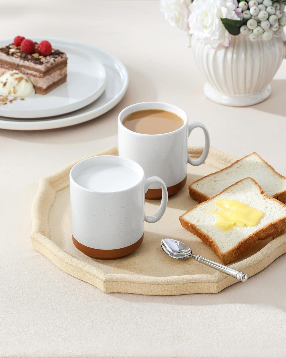 Set de căni de cafea MALACASA, set de cești din gresie 350 ml pentru 4 persoane, cești de cafea moderne pentru ceai, suc, latte, cappuccino, ciocolată caldă. Se poate spăla în mașina de spălat vase și la cuptorul cu microunde, seria TARA, alb kaki