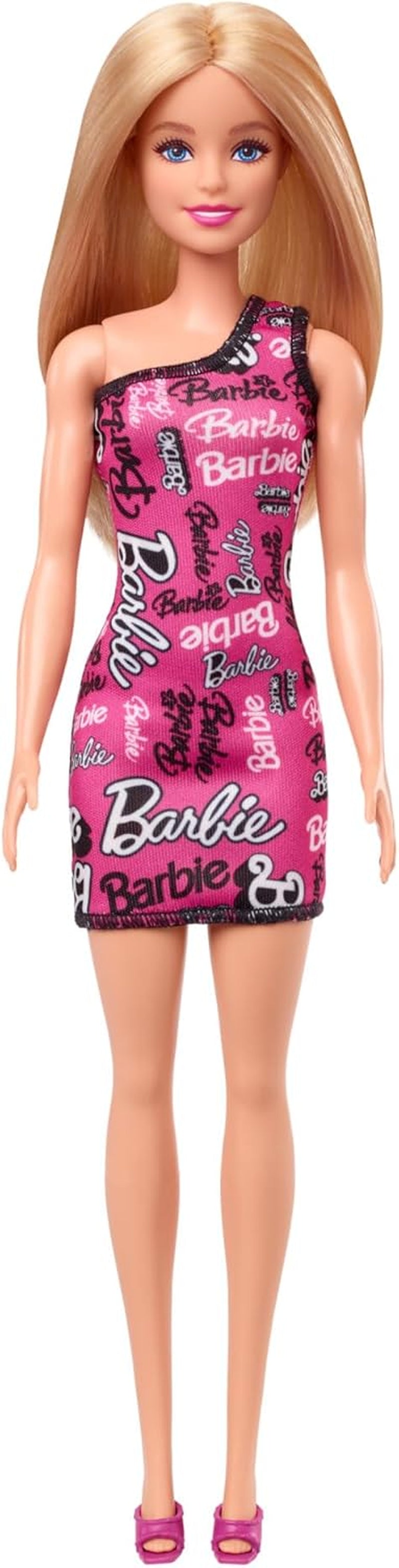 Barbie divatbaba egyenes szőke hajjal, rózsaszín vállnyúlós ruhában és logóval nyomott cipőben HRH07 Naty Shop babák