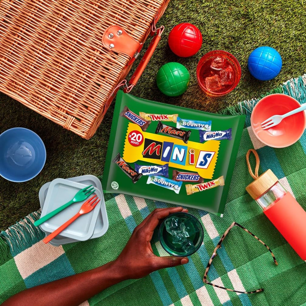 Mini vegyes csokoládé csomag, 20 mini csokoládé snack (Mars, Snickers, Bounty, Twix, Milky Way), édességként, csokoládé ajándék, cukorkadoboz, 400 g