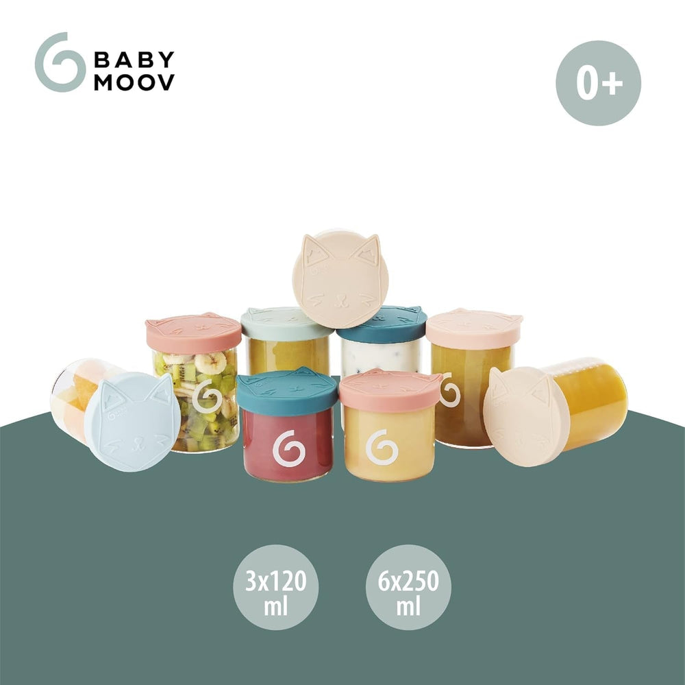 Babymoov ISY BOWLS recipiente pentru alimente pentru copii din sticlă robustă, rezistentă la temperatură - pentru depozitarea/congelarea alimentelor pentru copii, 6x 250ml + 3x 120ml Cutii depozitare alimente Naty Shop