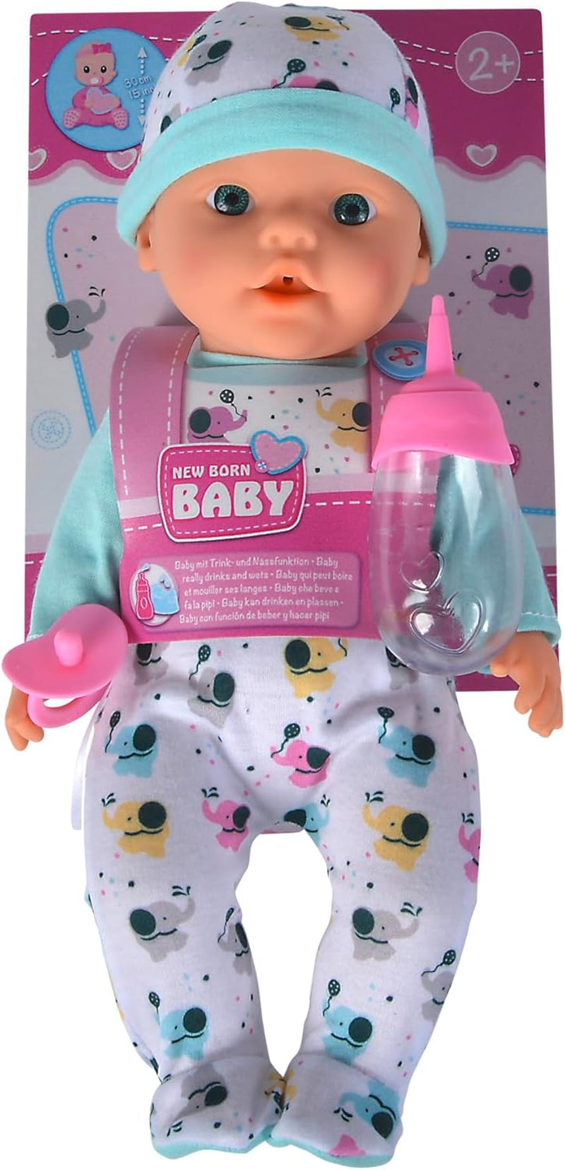 New Born Baby Little Elephant vinil baba etető és ivó funkcióval, üveg és cumi, 30 cm, 2 éves babák Naty Shop