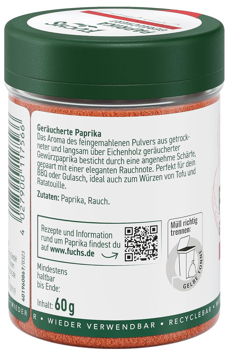 Fuchs Gewürze - Paprika geräuchert gemahlen - rauchiger Gesmack für BBQ, Gulasch oder Tofu - természetes összetevők - 60 g wiederverwendbarerben, recyclebarer Dózis