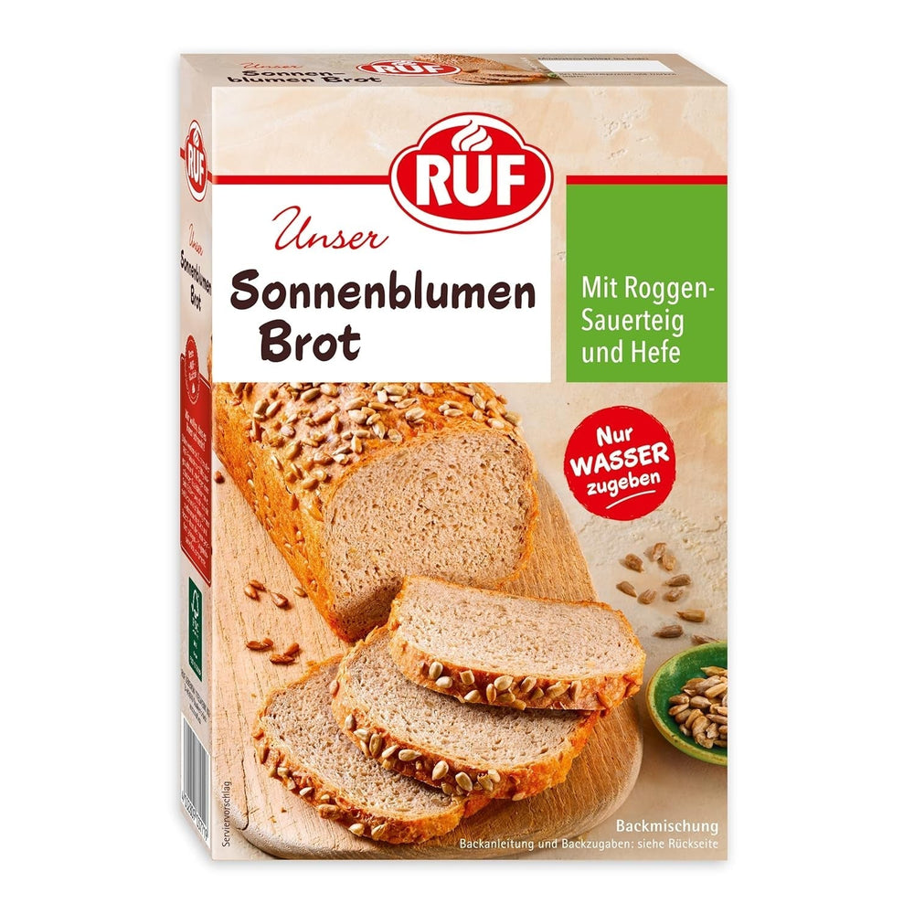 RUF Sonnenblumen Brot, Nur Wasser Addenden, Brotbackmischung Mit Sonnenblumenkernen, Brotteigmischung Mit Roggen-Sauerteig Und Hefe Für Sonnenblumenkernbrot, 1 X 410G Naty Shop 410 G (1 Er Pack)
