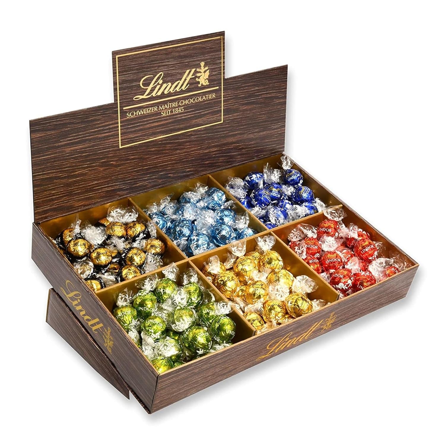 Lindt Chocolate LINDOR, pultkijelző | 1718 g | kb. 138 szarvasgomba a Tej, Fekete 70%, Félbarna, Stracciatella, Fehér, Pisztácia fajtákban | Csokoládé ajándékkészlet | Ajándék csokoládé | Tömeges csomag