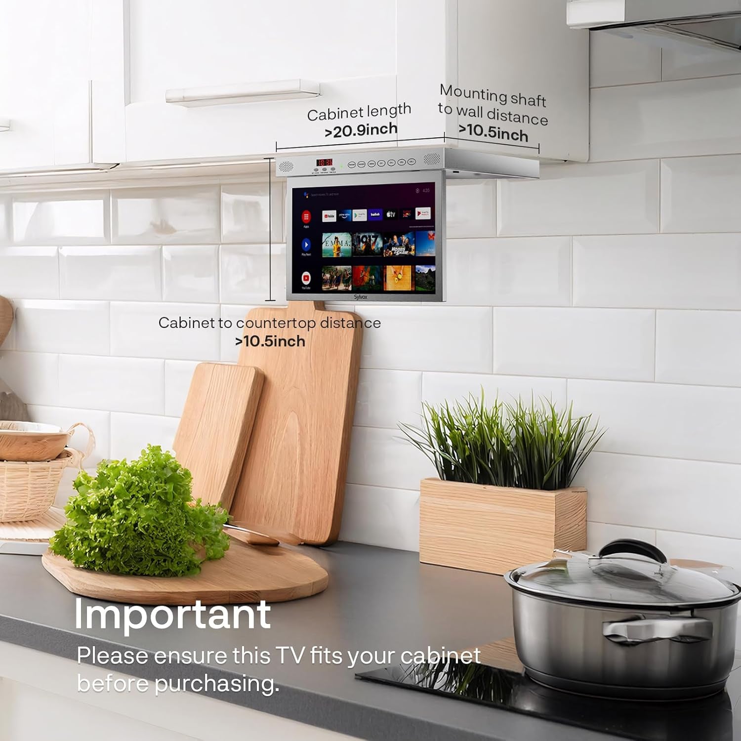 SYLVOX Televizor de bucătărie de 15,6 inci, televizor pliabil pentru bucătărie cu pivotare, suport Google TV WiFi Bluetooth, Smart TV 1080P pentru bucătărie, dormitor, autorulotă, iaht (argintiu)