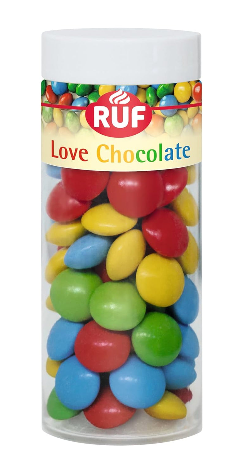 RUF Love Chocolate csokoládé lencse dekorációk, finom tejcsokoládéból, ropogós és színes cukormázzal, dobozonként 75 g