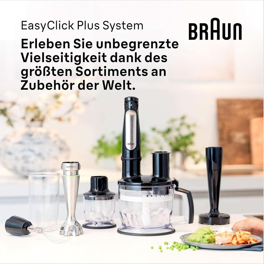 Braun Multiquick 7 MQ 7035X Stabmixer - Pürierstab Mit Abnehmbarem Edelstahl Mixfuß Mit Activeblade Technologie Zum Pürieren Der Härtesten Zutaten, Inkl. 3-Teiliges Zubehör Set, 1000 Watt, Schwarz Bucatarie Naty Shop