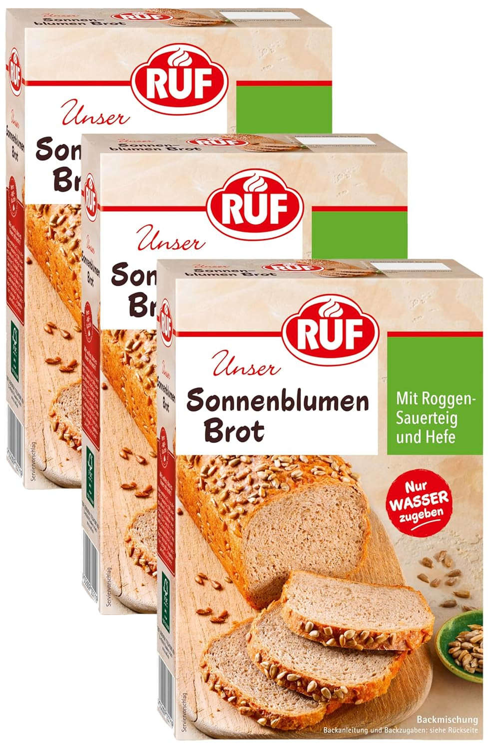 RUF Sonnenblumen Brot, Nur Wasser Addenden, Brotbackmischung Mit Sonnenblumenkernen, Brotteigmischung Mit Roggen-Sauerteig Und Hefe Für Sonnenblumenkernbrot, 1 X 410G Naty Shop 410 G (3 Er Pack)
