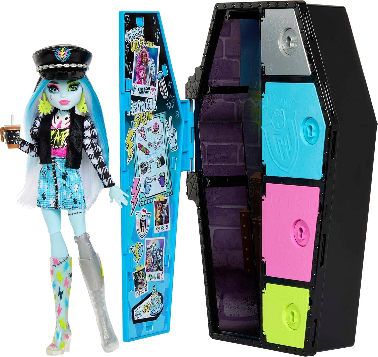 Monster High HKY62 - Puppe und Modeset, Frankie Stein mit Spind und über 19 Zubehörteilen, Skulltimate Secrets, Puppen Spielzeug für Kinder ab 4 Jahren
