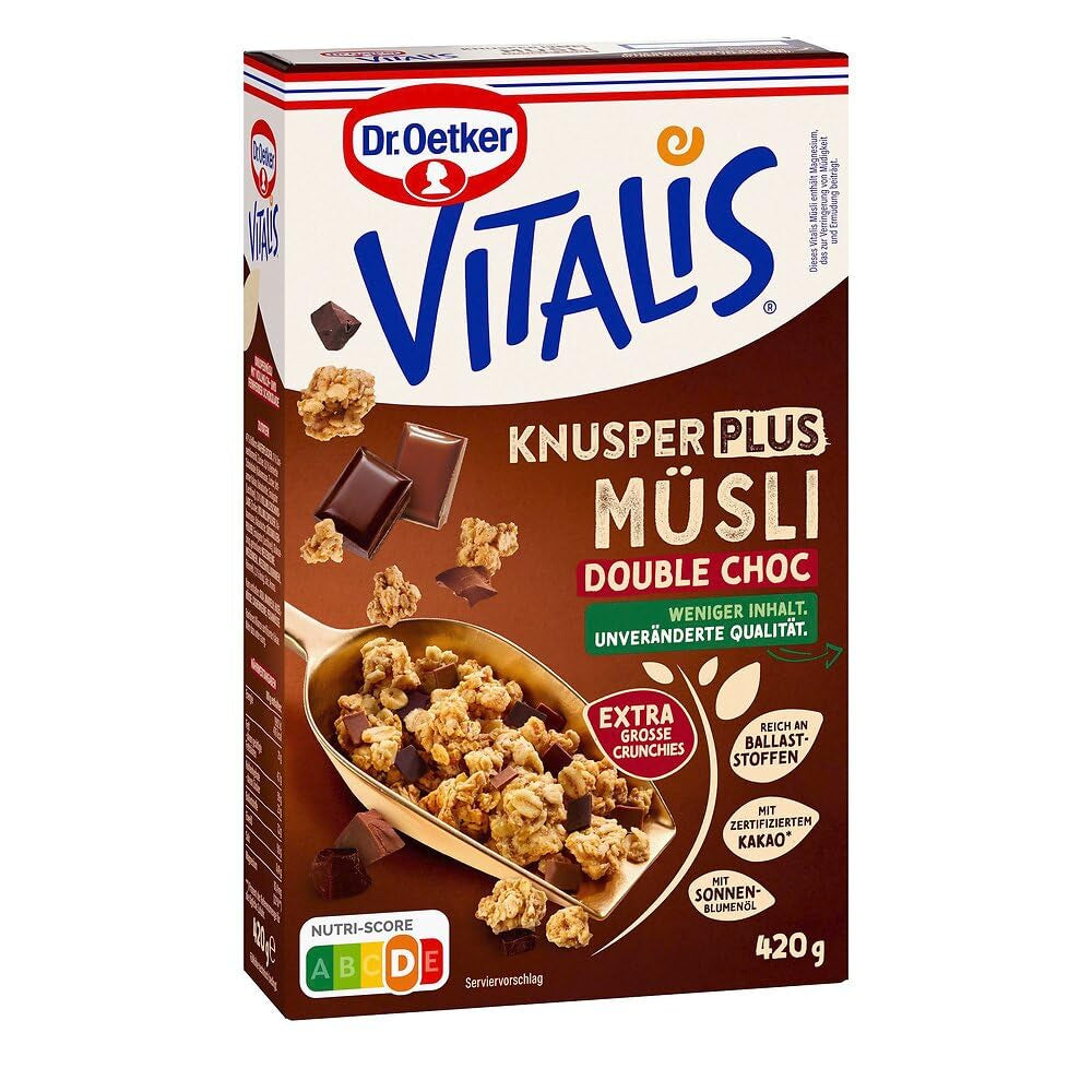Dr. Oetker Vitalis KnusperPlus Dupla csokoládé: Ropogós müzli tejjel és étcsokoládéval, 7 db (7 x 450g) csomag
