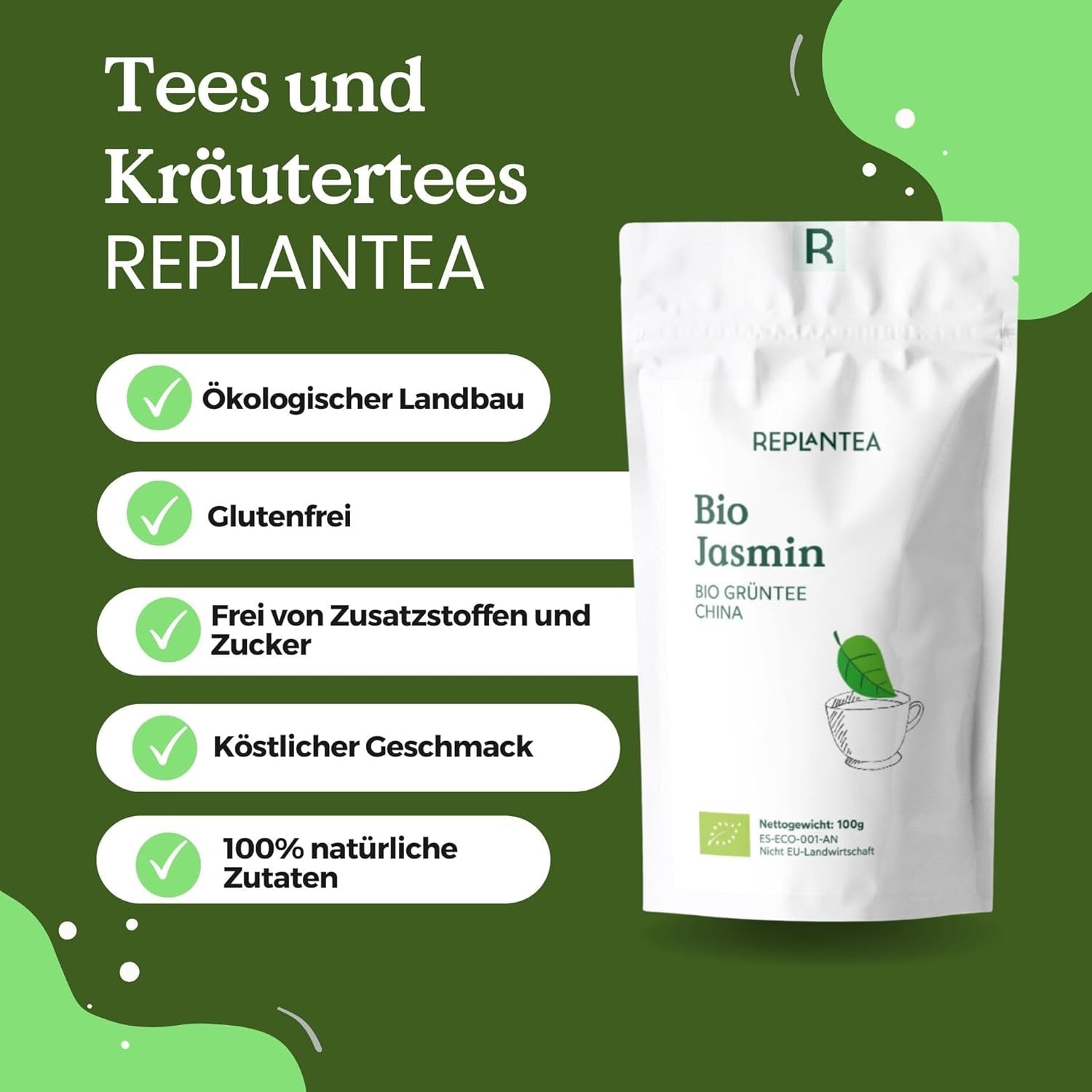Ceai verde organic cu iasomie 100 g (50 cești) | Ceai de iasomie din China vrac, de calitate organică REPLANTEA