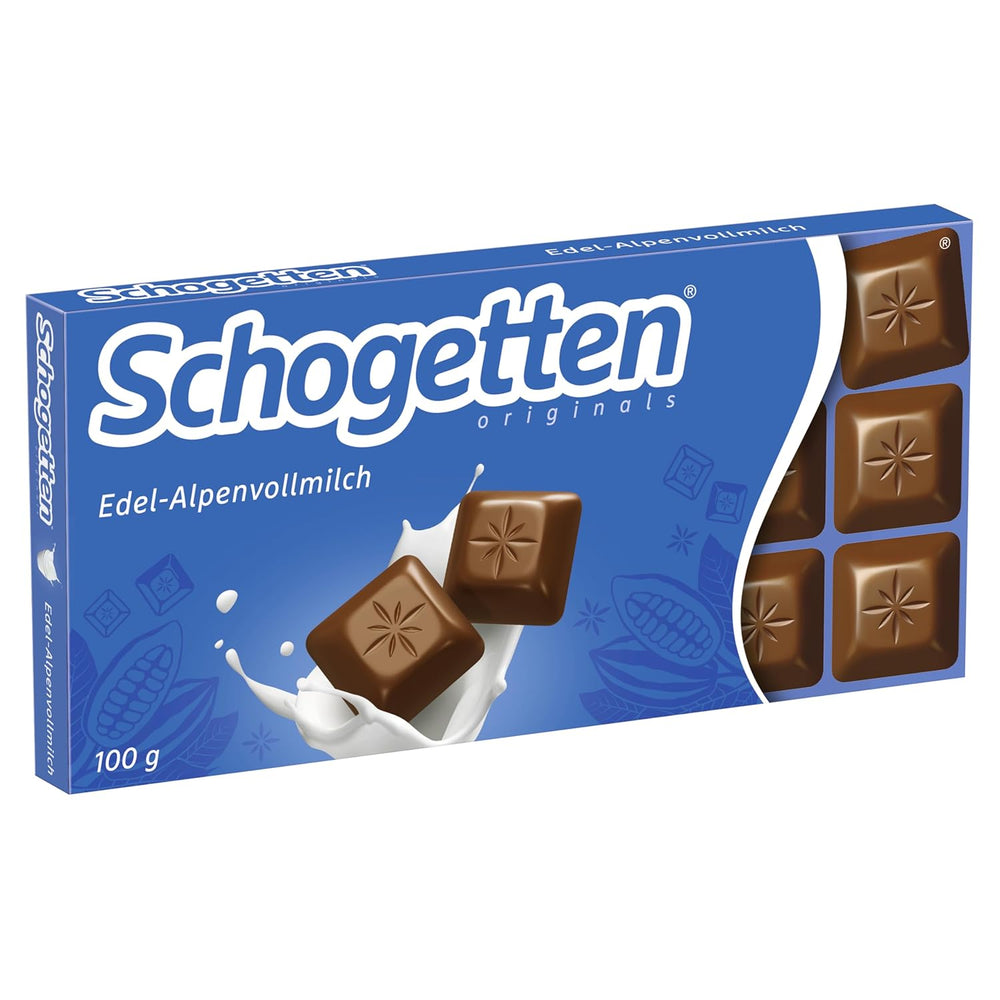 Schogetten Premium Alpine tejcsokoládé tábla, 100g, egyenként adagolva. Öröm. Darabról darabra.