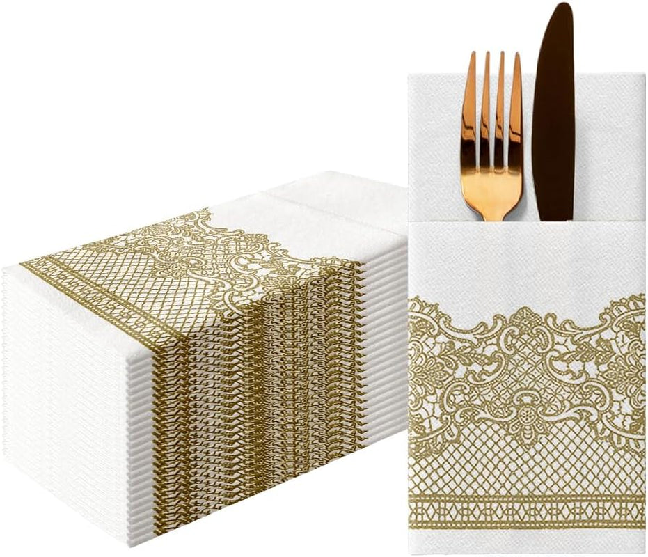 PAW - Șervețele pentru tacâmuri Airlaid - asemănătoare cu țesătura (pliere de 1/8) | 25 bucăți | Ideal pentru nunți, botezuri, comuniuni, zile de naștere | Saci de șervețele pentru tacâmuri | Monocolor, auriu