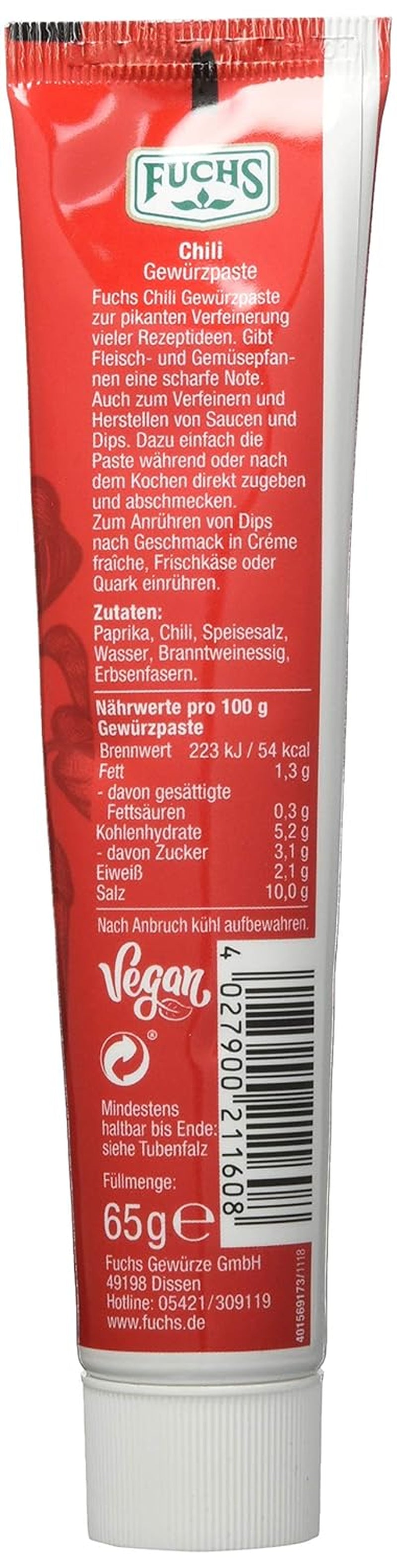Fuchs Gewürze – Chili Gewürzpaste, Vollmundig Piquantes Aroma, Paste zum Würzen von scharfen Soßen, Fleisch-Gerichten oder Suppen jeglicher Länder-Küchen, 65 g