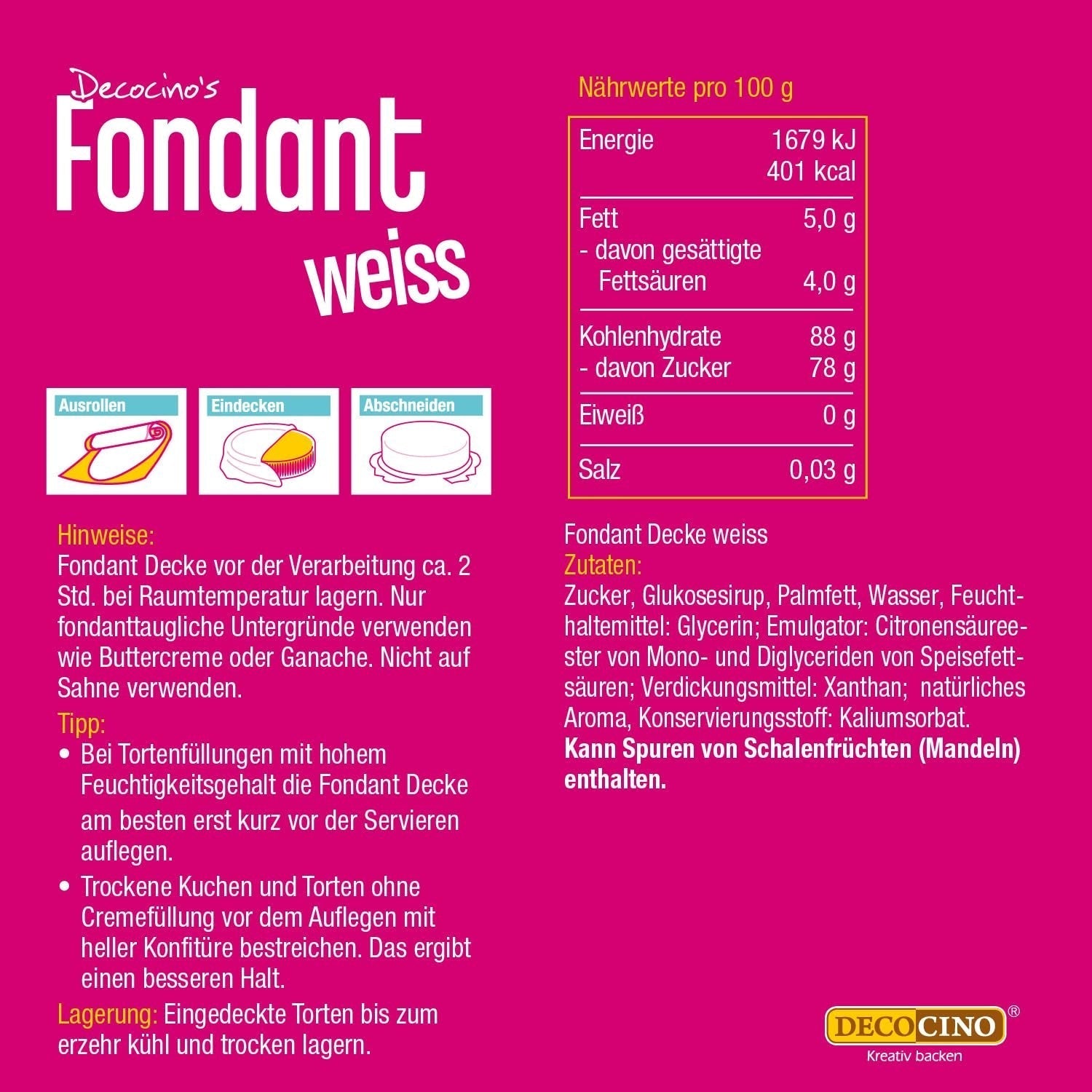 DECOCINO Rollfondant Decke Weiß – 300G – Gebrauchsfertige Fondant-Decke, Zum Eindecken & Verzieren Von Torten Und Kuchen – Glutenfrei & Vegan Glazuri si Decor Naty Shop