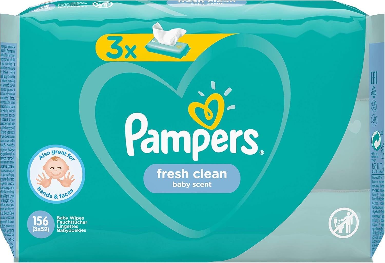 Pampers Fresh Clean baba törlőkendők 81688041, 3x52 db, (Baba törlőkendők, műanyag zacskó, lány/fiú, türkiz, fehér, Németország, 896,7g)