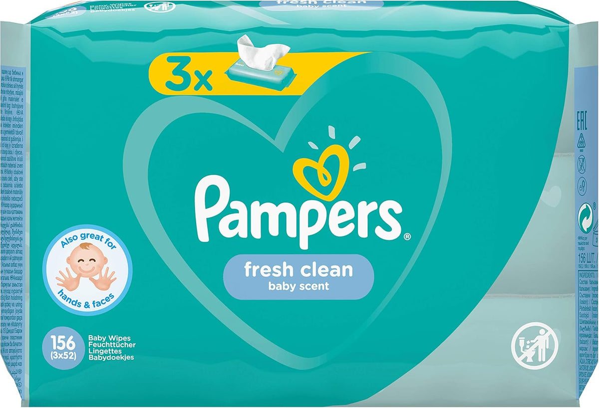 Pampers Fresh Clean baba törlőkendők 81688041, 3x52 db, (Baba törlőkendők, műanyag zacskó, lány/fiú, türkiz, fehér, Németország, 896,7g)