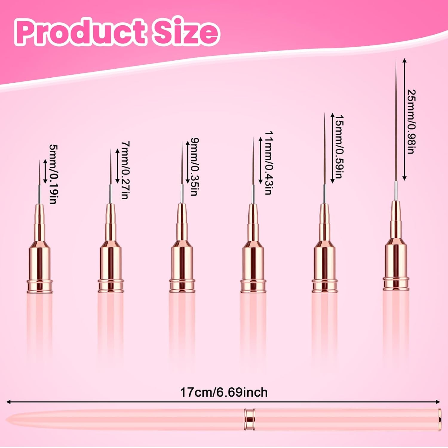 6 Stück Liner Nailart Pinsel Nageldesign Pinsel Set Dünn Acryl Nagelpunkt-Zeichenwerkzeug Nägel Dünne Nagelpinsel Set Für Lange Linien, Dünne Details, Feines Zeichnen 5/7/9/11/15/25 Mm（Rosa）