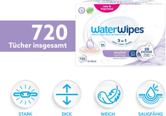 WaterWipes Sensitive+ nyugtató, tiszta nedves törlőkendők, 720 darab (12 csomag), 3 az 1-ben tisztító, ápoló és nyugtató, 99% víz növényi kivonattal, illatmentes baba nedves törlőkendők