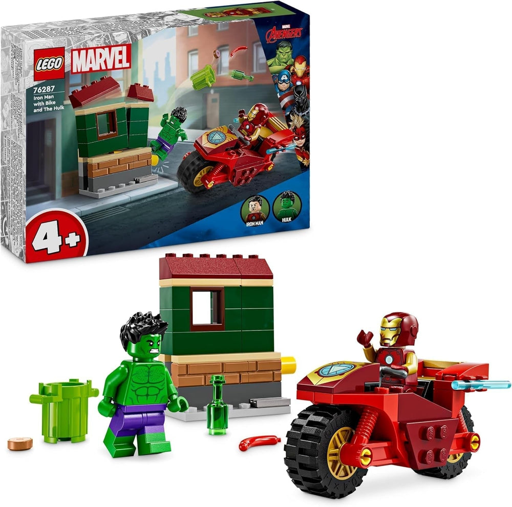 LEGO Marvel Iron Man kerékpárral és Hulkkal, szuperhős építőjáték gyerekeknek, kerékpár és minifigura gyűjtőkészlet, ajándék lányoknak és fiúknak 4 éves 76287 építőkészletek Besuche den LEGO-Store alapértelmezett cím