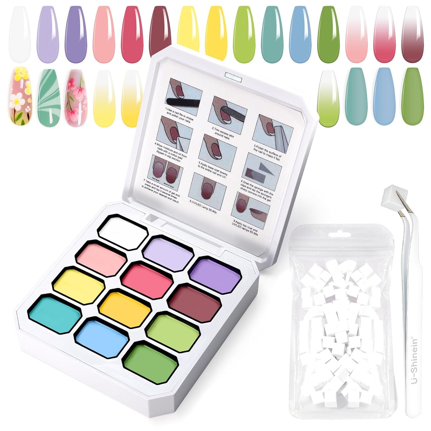 Gradient Painting Gel, 12 Colors Ombre Gel Nail Polish with 100Pcs Nail Sponges & 4 Claws Metal Grabber for French Manicure DIY Nail Art,Set I