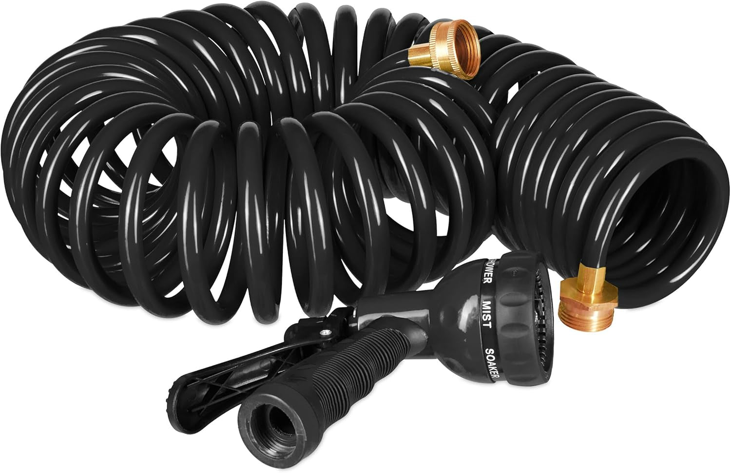 Furtun spiralat Relaxdays, extensibil până la 10 m, furtun flexibil de grădină cu pulverizator de apă, 7 modele de pulverizare, negru