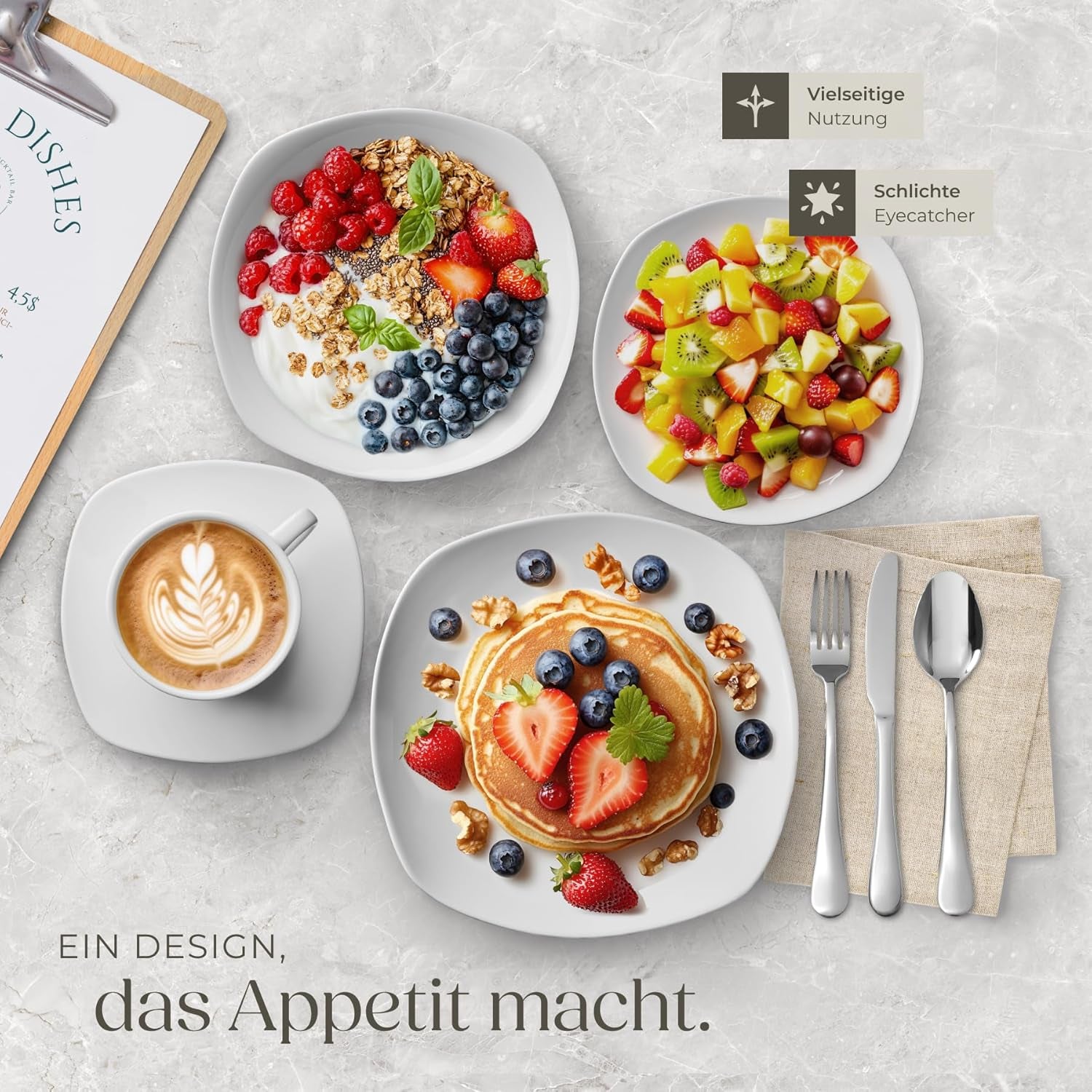 Set de veselă tectake® pentru 12 persoane, set de veselă din porțelan cu 100 de piese, inclusiv 12 farfurii, 12 farfurii de desert, 12 farfurii de sumă, 12 cești, 12 boluri pentru cereale, bol pentru salată, ulcior de lapte, zaharniță